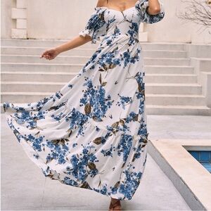 Commense White Maxi Dress with Blue Floral Print